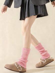 2 Pairs Women's Thick Warm Metal Logo Fashion JK Style Knee High Leg Warmers, Autumn/Winter, Cozy