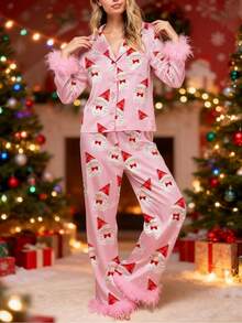 Women Y2k Silk Satin Christmas Pajamas Sets Xmas Tree/Santa Claus Print Plush Trim Long Sleeve Sleepwear Holiday Print Two Piece Pjs Pants PJs Set Loungewear - Đỏ và trắng - Xem 4