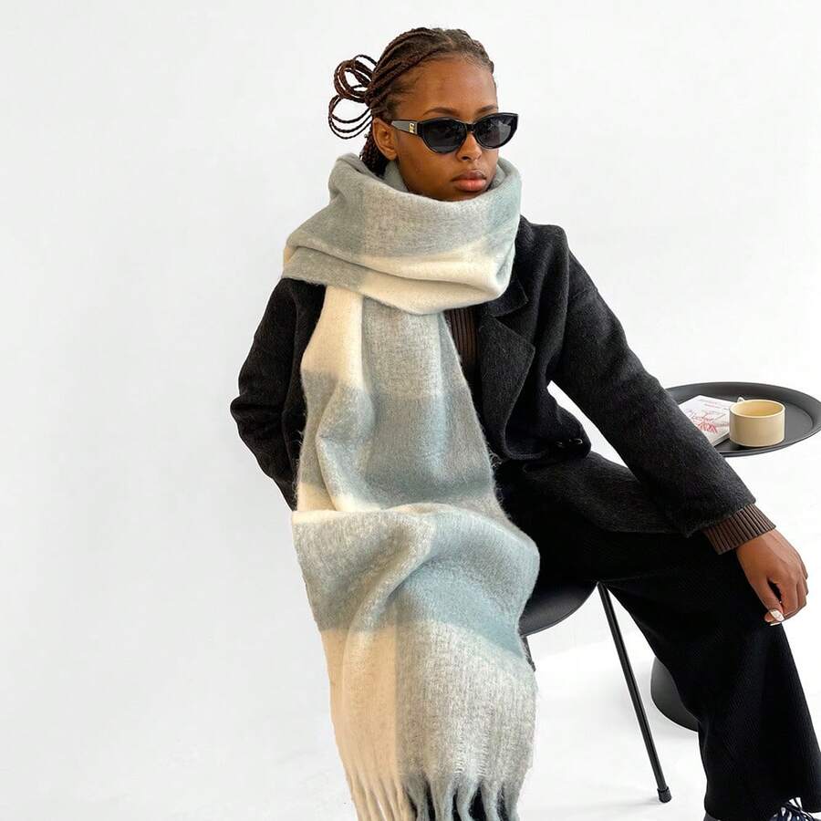 1 bufanda de crin de caballo de color nuevo, bufanda de malla gruesa de alta calidad y estilo moderno, estilo europeo-americano. - gris - Ver 1