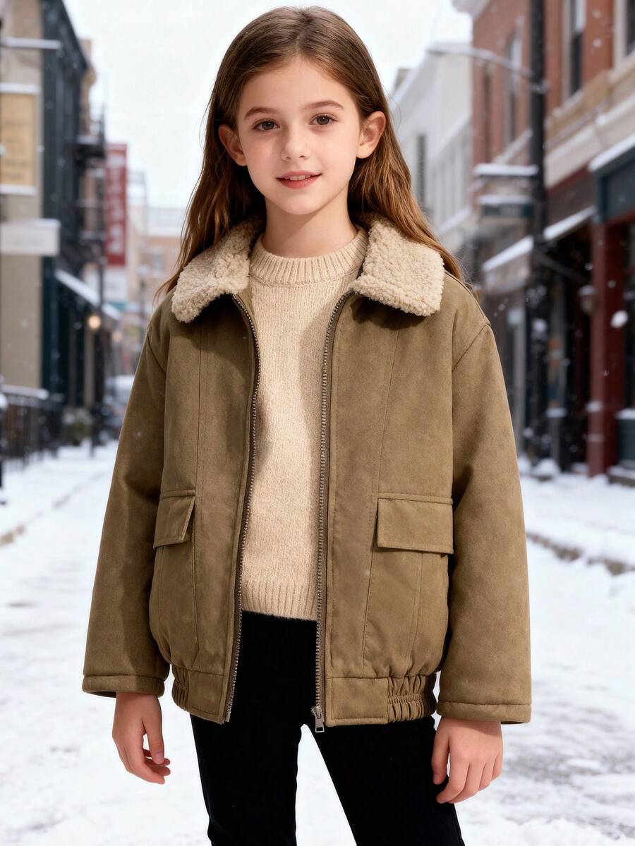 Brown Fur Collar Jacket For Older Girls, Autumn/Winter