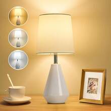 Small Table Lamp For Bedroom - Reading Desk Lamp With 3 Color Temperatures,15.5" Nightstand Ceramic Lamp With Fabric Shade For Room,Living Room,Dorm,Home Office (White) - Xanh lam-1 - Xem 2