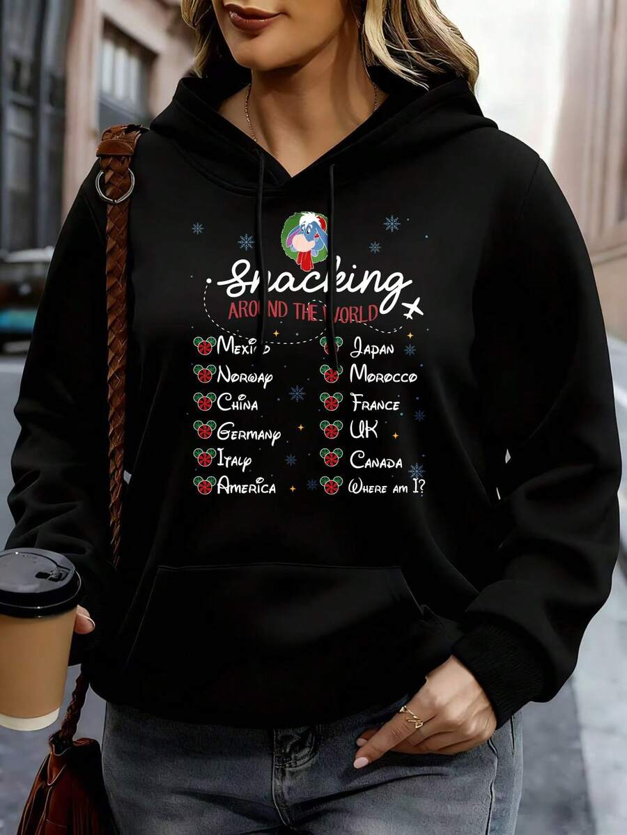 Disney Hoodie White Mickey Mouse Tracking Around The World Countries Print Casual Wear For Women And Girls - 黑色 - 查看 1