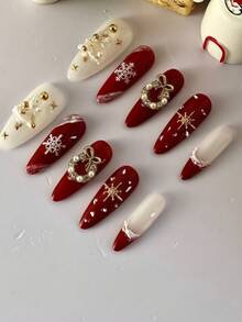 10 szt. damskich sztucznych paznokci, kształt migdała, ręcznie robione drzewko 3D, płatek śniegu, wielokolorowy brokat z kryształkami, luksusowy wzór, akrylowy, błyszczący, wielokrotnego użytku zestaw sztucznych paznokci, w zestawie klej do paznokci i pędzelek. Idealne na Nowy Rok, urodziny i inne okazje, co czyni je idealnym prezentem. - Wielokolorowe - Zobacz 12