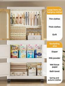 Folding Simple Wardrobe Closet, Folds Flat For Storage,DIY Collapsible Clothes Storage Cabinet ,Foldable Baby Wardrobe With Hanging Rod, Portable Kids Wardrobe With Lockable Wheels & Magnetic Doors, Sturdy Nursery Closet Storage Organizer For Boys & Girls' Bedroom, Easy To Install (White, Large)Apartment Saver - 彩色 - 查看 4