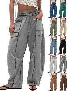 Pantalones casuales de mujer de pierna ancha con cordón y bolsillos - Gris - Ver 2