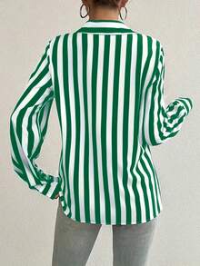 Contrast Color Block Striped Button Front Women Shirt, Loose Striped Blouse For Women Slimming Vintage Niche Versatile Top, New Year Spring Vacation - Green - View 5