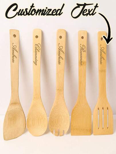 1/5pcs Customized Wooden Cooking Spoons, Suitable For All Kitchens. Salad Spatula Made Of Bamboo And Wood, Kitchen Cooking Tools, Personalized Wooden Spatula And Wooden Spoon, Three-Line Spatula, Natural Bamboo And Wood Non-Stick Surface, Multi-Functional Cooking Tools, Handmade Mother's Day Essential