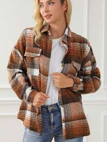 200g Retro Plaid Loose Flannel Shirt, American Casual Jacket, Lively Vibe, Casual Jacket, Cozy Knit Fabric - Brown - View 10