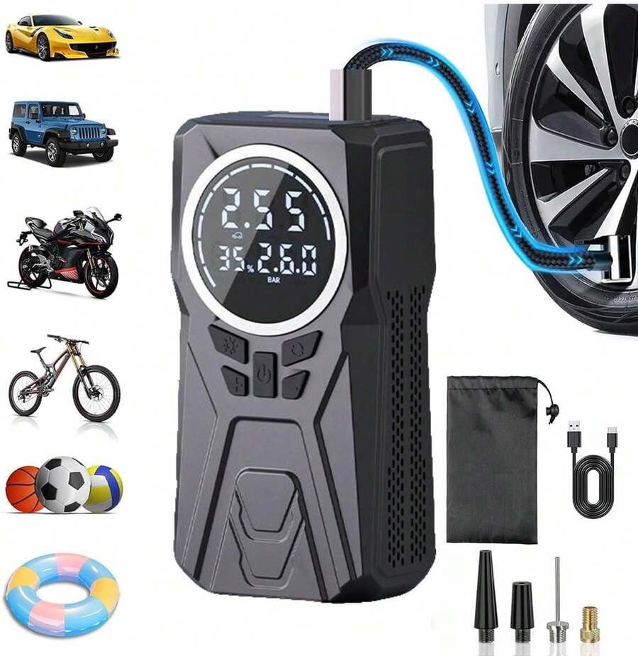 Compresor de Aire Portátil 150 PSI, Inflador de Llantas Electrica para Auto con Pantalla Digital y Luz LED, Bomba de Aire Bomba de Neumáticos para Bicicletas Motos Balones 12V 120W 4500mAh - 1 - Ver 1
