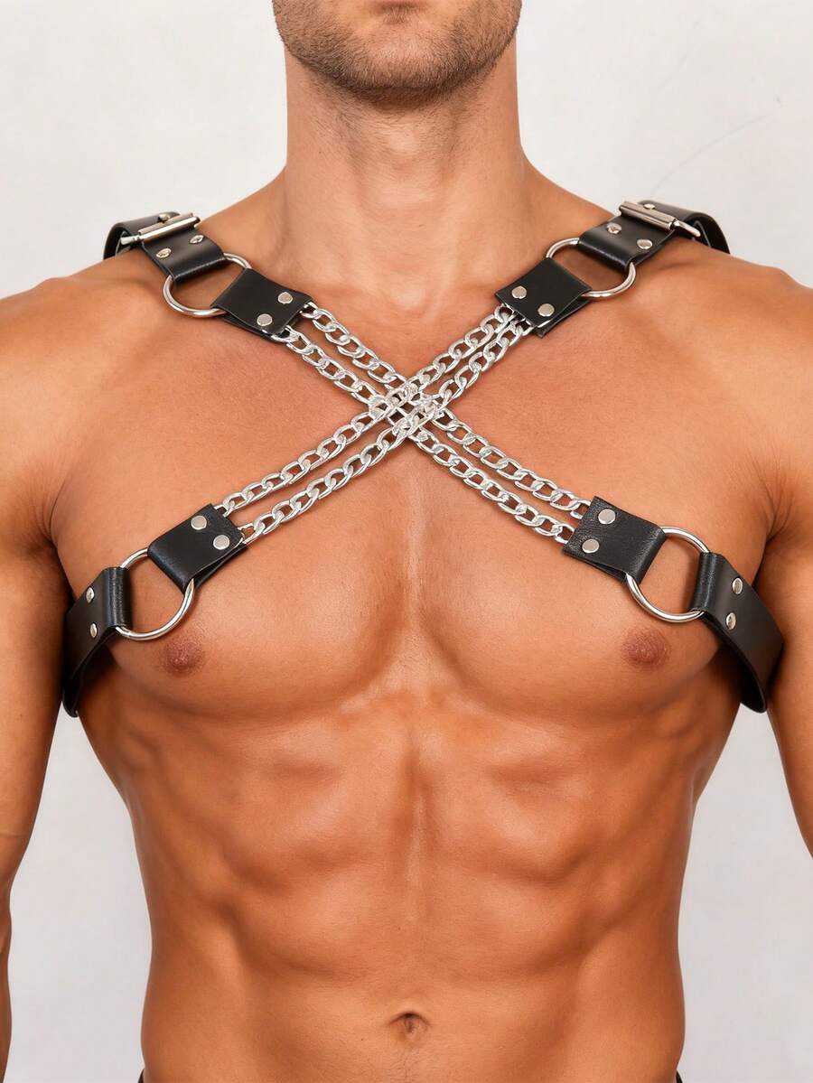 男士PU皮革朋克胸带式安全带 可调节男士胸链舞台夜总会酒吧表演安全带 - 黑色 - 查看 1