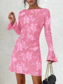 PRETTYGARDEN Women's Spring And Fall Fashion Floral Long Sleeve Mini Dress Mesh Bodycon Short Party Date Night Going Out Dresses Dhristmas New Years Valentine Vacation Dresses For Women - 粉色 - 查看 2