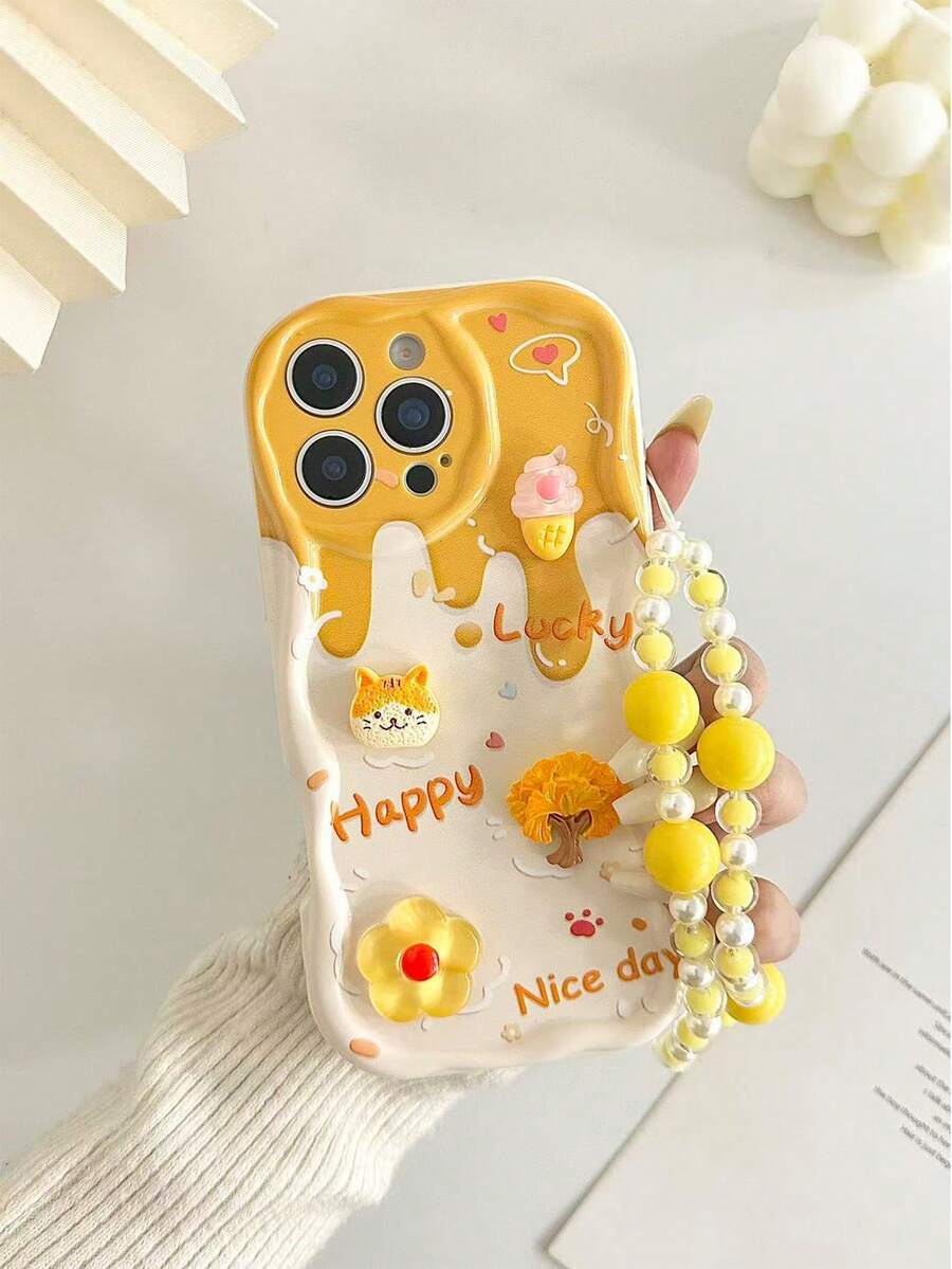 Wave Ripples Cartoon Handmade Sticker Accessories, Yellow Painted Cream Wavy Pattern Protective Case With Chain, Compatible With IPhone 17/17 Pro/17 Pro Max, 16/16 Pro Max, 15, 14, XR/7/8, 15 Pro Max, 13, 14, 11, Soft Case, P12, Anti-Drop, XS, Redmi - Multicolor - View 1