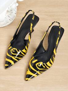 女士尖头小猫跟凉鞋，弹性包头凉鞋，适合工作场合，舒适耐穿的休闲鞋，适合通勤、办公、四季穿着，随机印花格子图案，休闲、通勤、户外，仙女风面料拼接，假日、婚礼、派对、办公、户外、四季皆宜，斑马纹，派对，PU皮革，非尖头，假日、四季皆宜 - 黃色和黑色 - 查看 11