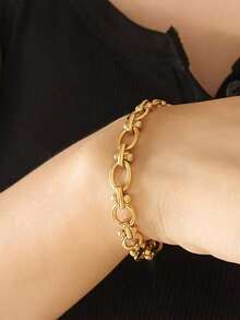 1pc Stainless Steel Unique Geometric Chain Design Punk Bracelet For Women, Suitable For Holidays And Gift Giving - 黃金 - 查看 5