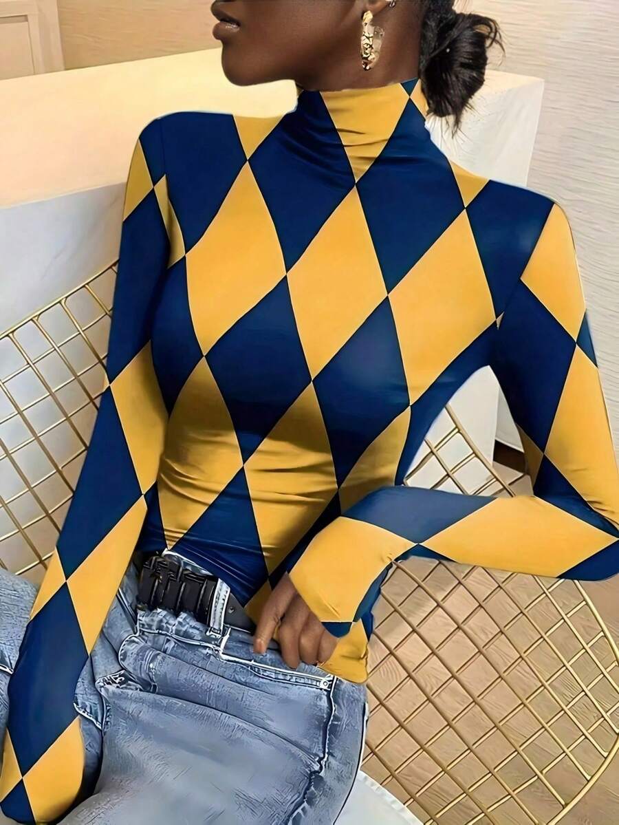 2024 New Spring/Autumn Women Printed Long Sleeve T-Shirt, Slim Fit Mock Neck Casual Undershirt - Yellow - View 1