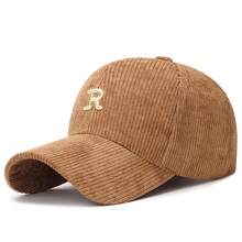 Gorra de béisbol de pana con letra 'R' bordada en 3D, sombrero estructurado ajustable de color sólido, accesorio elegante para otoño e invierno ICRY - Gris - Ver 4