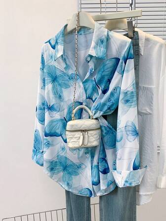 Camisa de mujer con estampado de mariposa de tinta, diseño de cuello francés, versátil para el trabajo y las vacaciones, otoño/invierno