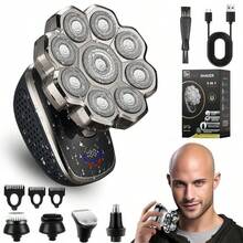 7-Blade/9-Blade Men's Electric Shaver, Bald Head, Hair Clipper, 5-In-1 Floating Shaving, Type-C Charging Port, LED Display, With Nose Hair Trimmer And Face Brush,400mAh Battery - 9D+5合1套裝 - 查看 1