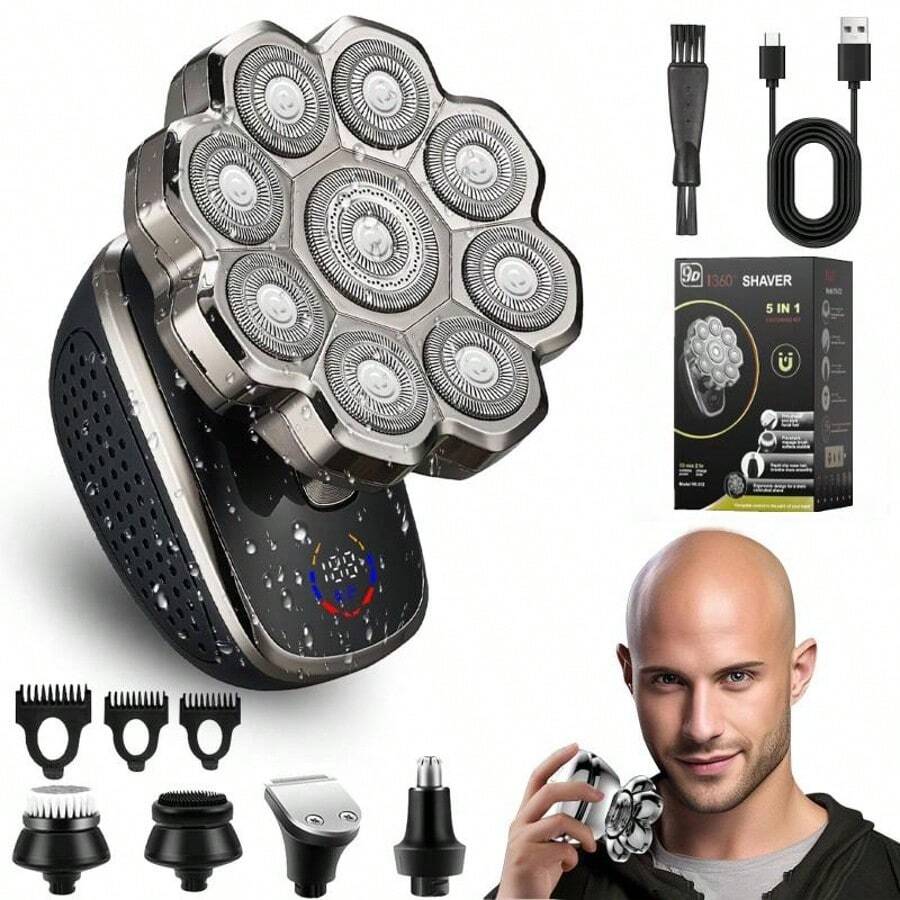7-Blade/9-Blade Men's Electric Shaver, Bald Head, Hair Clipper, 5-In-1 Floating Shaving, Type-C Charging Port, LED Display, With Nose Hair Trimmer And Face Brush,400mAh Battery - 9D+5合1套裝 - 查看 1