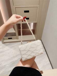 1件装优雅仿珍珠盒形晚宴手拿包，正式派对包，浪漫婚礼新娘手提包，奢华闪亮水钻装饰正式礼服手拿包，晚宴钱包，仿珍珠包 - 白色 - 查看 3