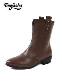 Fall/Winter New Fashion Versatile Leather Material Rivet Decor Ankle Boots, Pointed Toe Thick Heel Western Cowboy Boots, Suitable For Vacation, Music Festival, Halloween - Brown - View 1