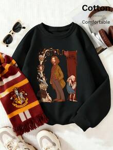 Men's and Women's Round Neck Long Sleeve Drop Shoulder Oversized Cotton-Blend Autumn/Winter Sweatshirt Top White Sweatshirt Warner Bros.  Collaboration Series Cartoon Archway Print Playful Style, Cute Style Cotton-Blendable, fors Comfortable, Searmable, Commerable, Relaable, Relaable, Relaable, Relaable, Relaable, Relaable, Granable, Relaableer）” etc." - 黑色 - 查看 1