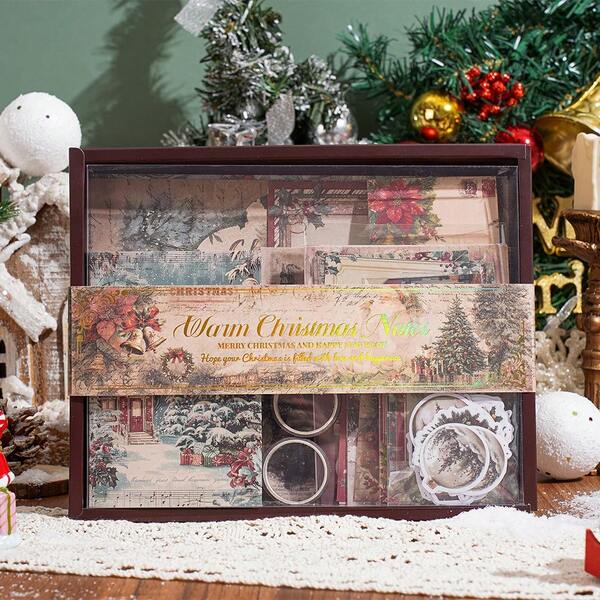 201 pezzi Kit di forniture per scrapbooking vintage, scatola regalo di Natale, scrapbook con diversi motivi, forniture scolastiche per donne, uomini, studenti, bullet journal, cancelleria, quaderno a griglia A6, forniture per diario fai-da-te, regali artigianali per compleanni