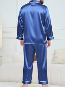 男士真丝缎面长袖衬衫长裤家居服套装，四季皆宜，冬季服装 - 藍色 - 查看 3