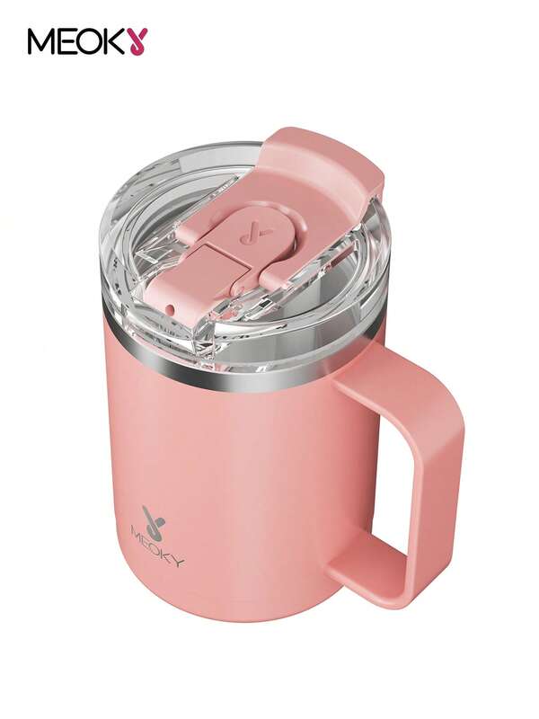 Meoky 14oz Stainless Steel Insulated Tumbler With Handle - Leak-Proof, Thermal Travel Mug With Straw, Vacuum Insulated, Hot & Cold