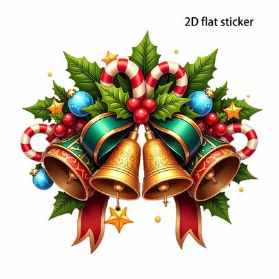 1pcs, 6inch Self-Adhesive Glossy Vinyl Christmas Bell Stickers - Gold Bells With Holly And Candy Cane Wreath, Red Berries And Gold Bow - Easy To Peel And Stick Holiday Decoration, 2D Flat Christmas Decoration