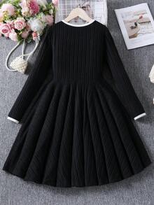 Girls Elegant Bow Collar Long Sleeve Dress, Suitable For Casual Daily Wear, Autumn - Black - View 2
