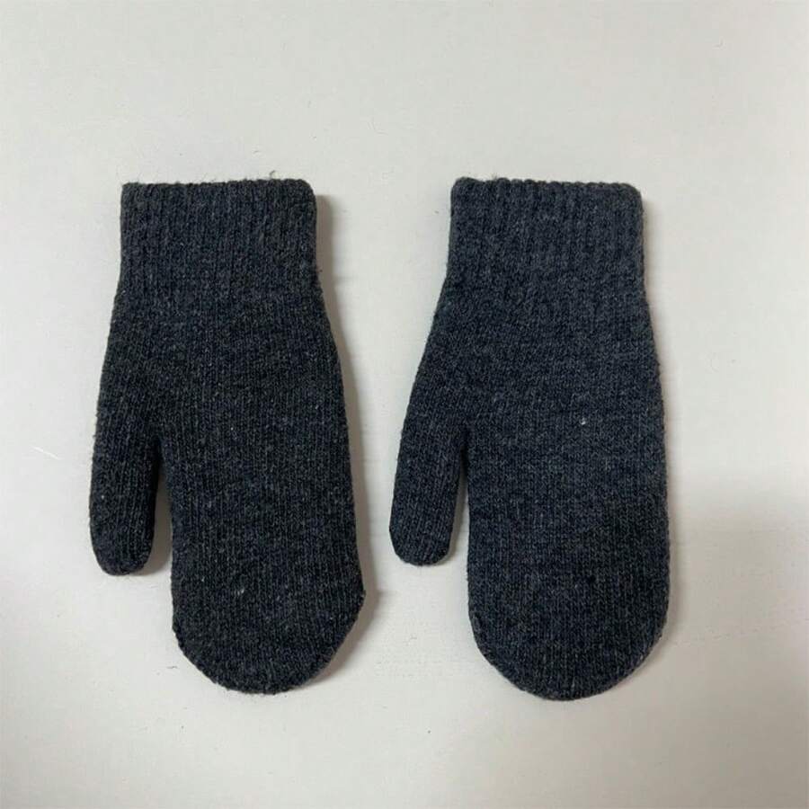 Winter Warm Gloves, Thickened Double-Layer Wool Knitted Mittens, Solid Color, Cold Protection - 深灰色 - 查看 1
