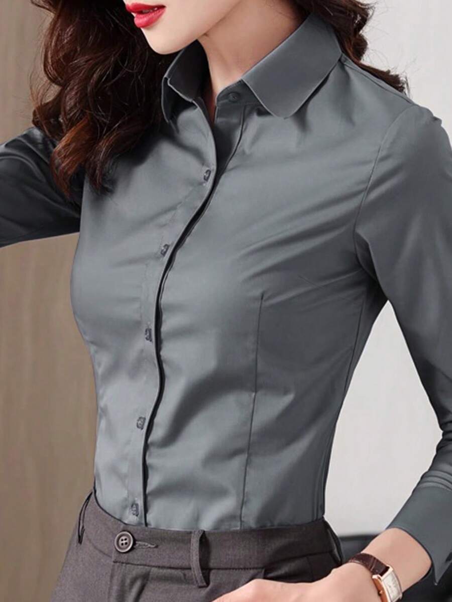 Grey Office Shirt For Women, Professional Formal Wear, Long Sleeve Blouse For Work, Spring/Autumn 2025 New Collection, Autumn/Winter Business Suit Lining, Ladies Grey Shirt - Medium Gray - View 1