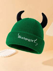 1pc High Quality 85g Large Circumference Women's Fashion Solid Color "BABYGIRL" Embroidered Knit Hat With Horn Decor, Suitable For Halloween Outfit And Outings Winter Women - A - View 18
