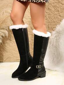 欧洲车站真皮秋冬新款骑士靴、复古高筒靴、美拉德平底过膝直筒靴、毛绒靴 - 黑色 - 查看 2