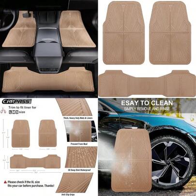CAR PASS Rubber Car MatsCar Floor Mats All Weather Waterproof Trim-To Fit Automotive Floor Mats For Cars Trucks SUV Anti-Slip Easy Clean Heavy Duty Car Mats Full Set 3-Piece All Beige Gift