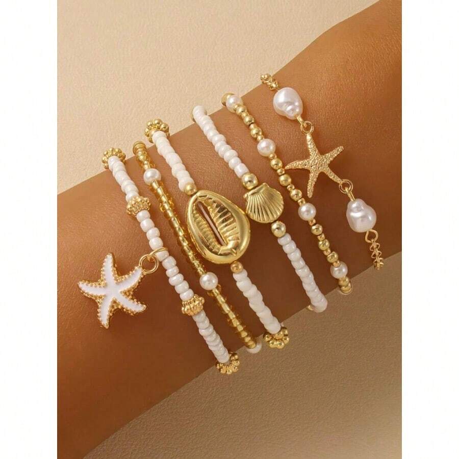 6pcs/Set Summer Beach Multilayer Stacked Pearl Bracelets Fashionable ...