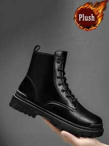 Men's High Top Boots, Autumn/Winter, All-Match Black Leather Casual Shoes, Wear-Resistant Low-Cut Cargo Shoes, New Fashionable Casual Shoes Go With Dress, Lace-Up Metal Eyelets - Black - View 2