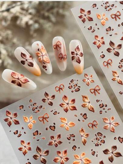 1 Peça Adesivo de Unha 5D em Relevo com Flor de Hibisco de Leopardo de Outono, Pétalas de Flor na Cor Pato, Decalque de Flor de Orquídea Fada Gravada Y2K