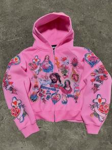 Jesus Printed Hoodie For Men Y2k Zipper Hoodie Harajuku Thin Kawaii Retro Streetwear - 粉色 - 查看 1