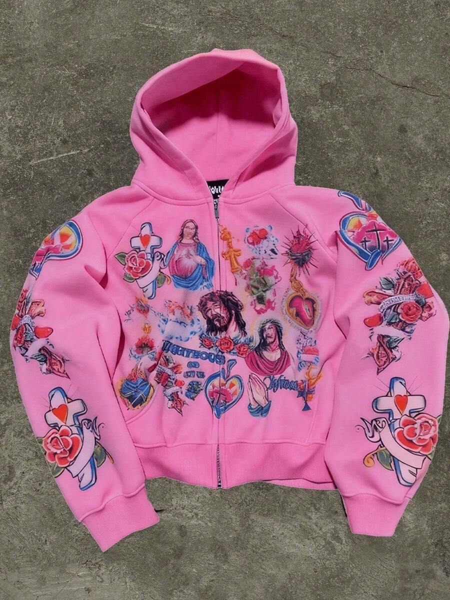 Jesus Printed Hoodie For Men Y2k Zipper Hoodie Harajuku Thin Kawaii Retro Streetwear - 粉色 - 查看 1