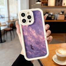 Cubierta de teléfono con borde negro y diseño de cielo púrpura con nubes y persona en columpio para uso diario en cafeterías y espacios interiores Aplicable a los teléfonos de la serie Apple y Galaxy - Negro - Ver 3