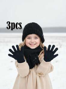 3pcs/Set Kids Knit Hat + Gloves + Scarf Set, Unisex Korean Style Warm Winter Accessory Set - 3 Pcs - View 11