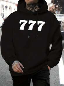 Men's New Style Personalized 777 Letter Print Casual Sweatshirt Fashion Drawstring Hoodie Autumn Winter Top Comfortable Versatile Long Sleeve Hooded Sweatshirt - Black - View 2