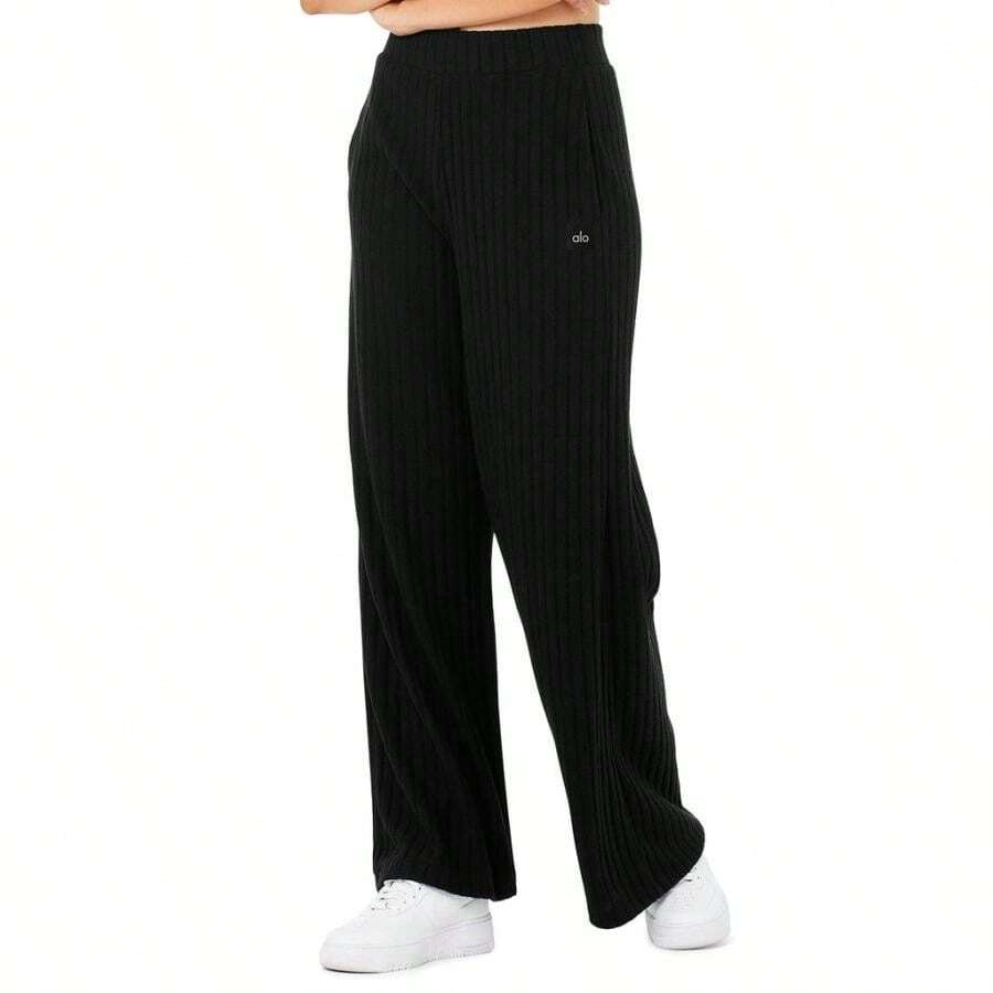 Alo Yoga Ribbed Take Comfort Wide Leg Pant - Black |  | Pilates Set - 黑色 - 查看 1