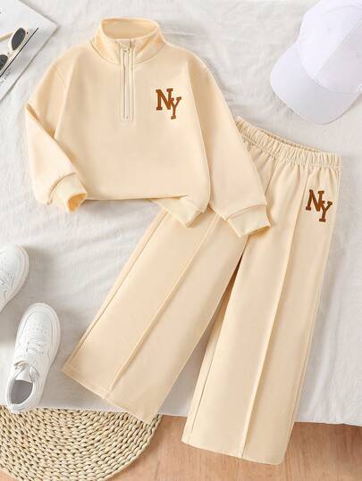 Girls Sweatshirt Set, New Autumn Fashion Casual Solid Color Versatile Minimalist Style Letter Print Funnel Neck Half-Zip Long Sleeve Top And Gray Straight Pants 2pcs/Set