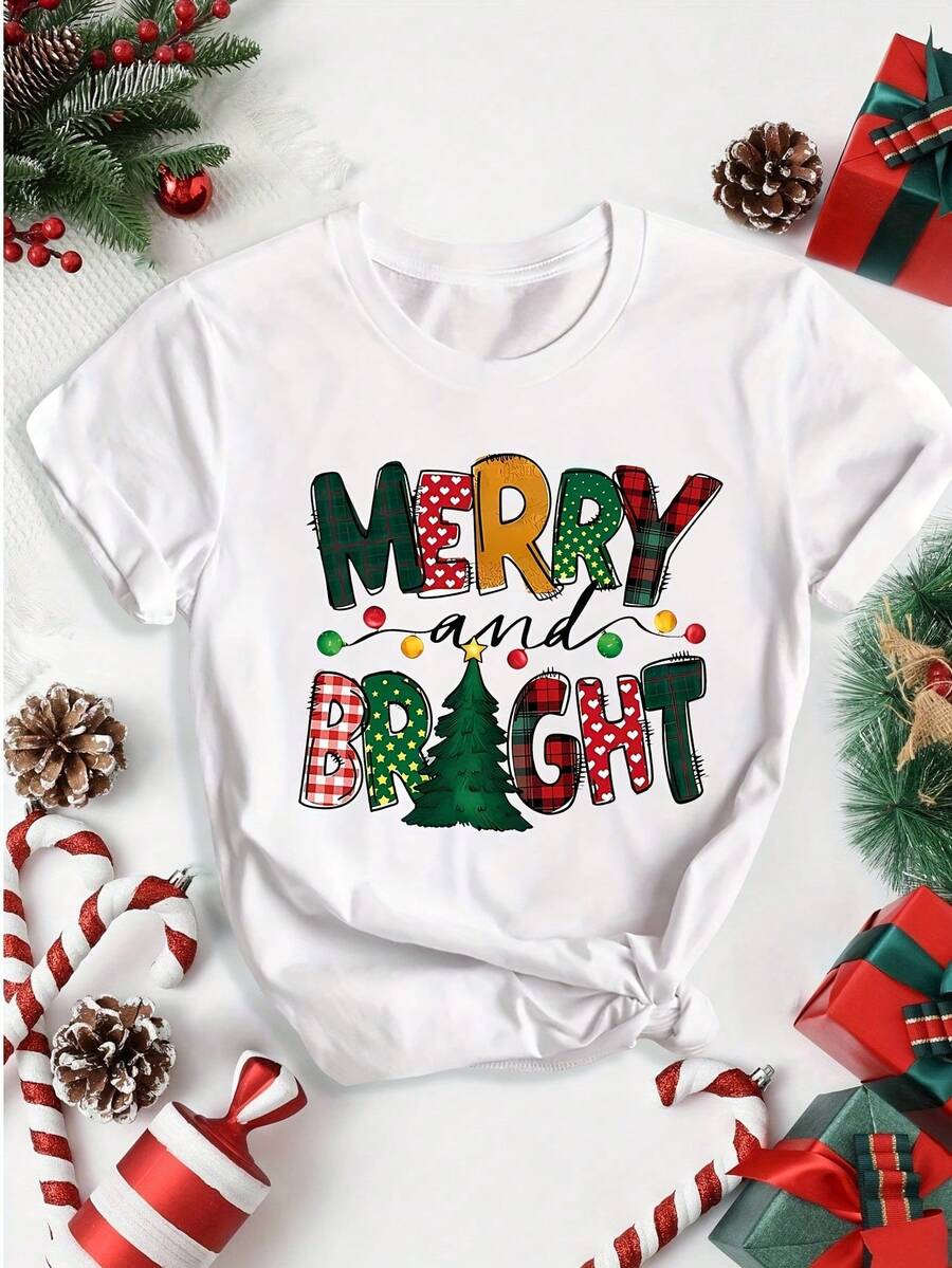 Camiseta Gráfica Navideña Para Mujer "Merry & Bright" - Cuello Redondo Y Manchas Cortes, Diseño De Luces Multicolor E Árbol Festivo. Ajuste Cómodo Lavable A Maquina Uso Todos Los Tiempos Ideal Para Fiestas, ¡Reuniones Familiares! (Tallas S-3XL) Colores Rojo Verde Dorado Blanco Conjunto Casual - Beis - Ver 1