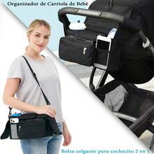 ANTSAY Organizador de Carriola de Bebé,Organizador Universal para Cochecito,2 Portavasos y Bolsillo Desmontable con Cremallera, Correa de Hombro,Bolsa de Almacenamiento de Cochecito - Negro - Ver 3