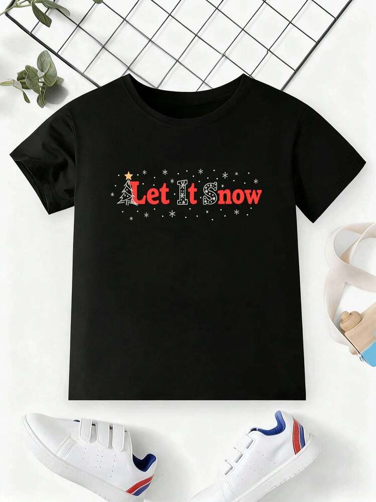 Camiseta negra con estampado navide?o para ni?o, suave al tacto, cuello redondo, corte holgado, cómoda, estilo minimalista, adorable. - Negro - Añade 2