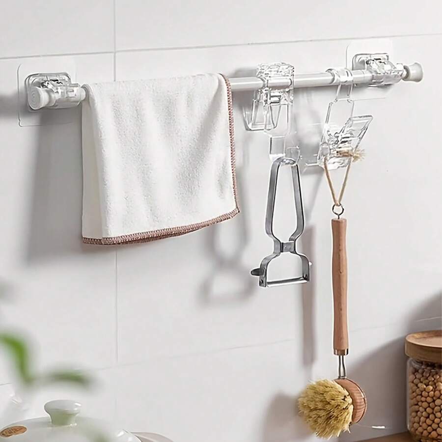 8pcs Curtain Rod Brackets No Drilling, Self-Adhesive Curtain Rod Brackets No Nails Adjustable Curtain Rod Hooks Curtain Hangers, For Bathroom Kitchen Hotel, Practical Hooks - 黏性支架夾 - 8 個 - 查看 1